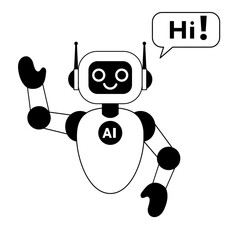 Linear illustration of cute ai robot waving HI. Customer support. AI bot helper. Concept of virtual conversation assistant for getting help. Isolated in white background.