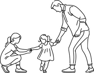 A black and white line art illustration of a father and child.