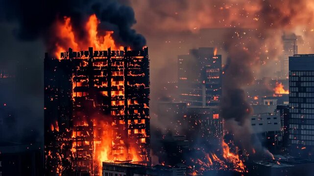 A city is on fire with a large building in the middle of the flames. The fire is spreading quickly and the smoke is billowing into the sky. The scene is chaotic and dangerous