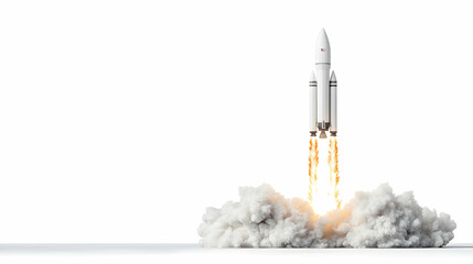 Fototapeta premium White space rocket launching upwards with fire and smoke trail isolated on white background.