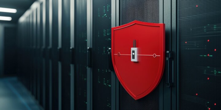 information source&nbsp;privacy concept. Secure server room with a red shield symbolizing protection.