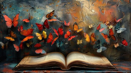 Children's Book day lies on a textured surface, surrounded by colorful butterflies, symbolizing a day full of imagination and life