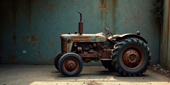 A weathered, rusty vintage farm tractor stands alone in a rustic, aged industrial setting, its aged paint revealing the passage of time and hard work.