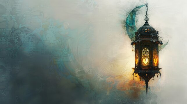 Ramadan crafted fanus lantern casts a warm glow on blurred backdrop with copy space. Minimalist banner with empty place for your text.