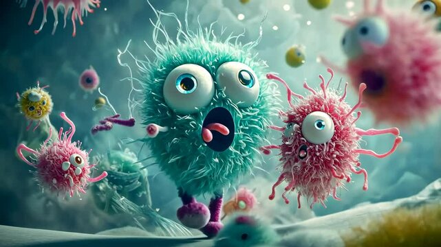 A cartoon of a pink and blue bug with a tongue sticking out. The bug is surrounded by other bugs, some of which are pink and some are blue. Scene is lighthearted and playful