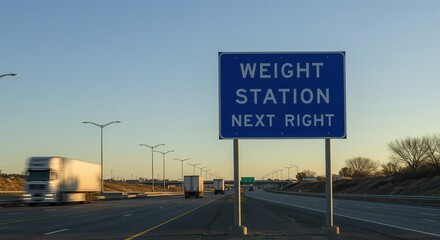 Weight Station Sign on Highway with Truck Traffic at Sunset