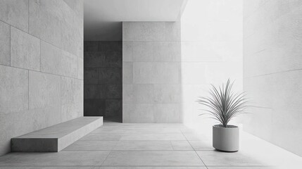 Minimalist grey stone hallway with plant.