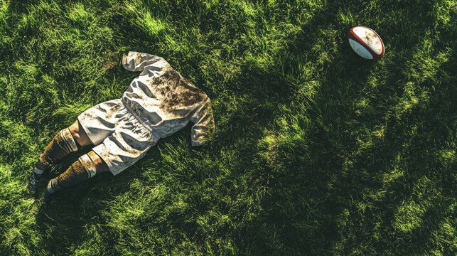 A realistic depiction of an empty rugby uniform lying on a grassy field, with a rugby ball nearby