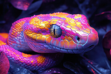 Fototapeta premium Colorful snake resting among vibrant foliage in a tranquil environment at dusk