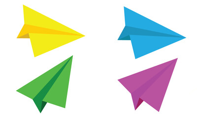 set of colorful paper airplanes. Paper airplane set. yellow, blue, green and violet paper plane isolated vector. airplane model flying icon on white background. 