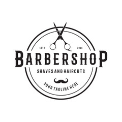 Barbershop logo vintage, retro, haircut, shaving, with scissors, shaving pole, comb, razor. for business, emblems, labels, barber shops, badges.