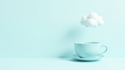 Fototapeta premium Serene Minimalist Scene A Light Blue Cup Awaits a Fluffy Cloud's Gentle Rainfall
