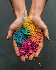 Joyful Holi Celebration – Close-Up of Hands Covered in Bright Gulal Powder