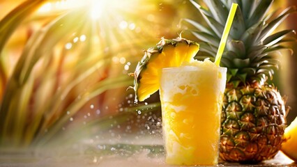 Delicious, Juicy, and Bright Still Life of Pineapple Juice with Pulp and Crushed Ice for National Juice Slush Day or National Pineapple Day