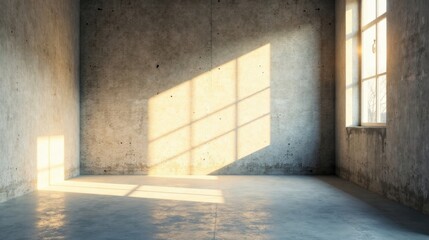 Empty industrial space with sunlight streaming through a window illuminating the concrete floor and walls