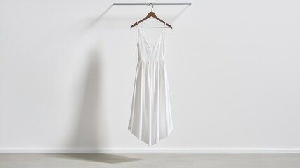 White Dress Hanging On Wall Minimalist Fashion Photography