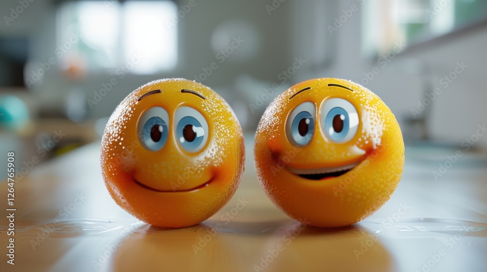 Fototapete 3D realistic emoji from an elevated and diagonal perspective, capturing detailed textures and expressions on a white background
