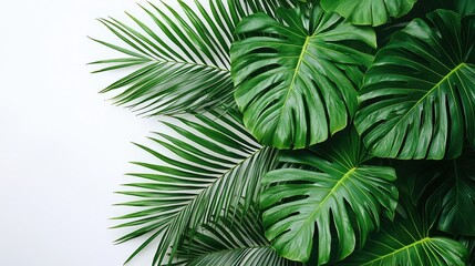 Lush green tropical leaves arranged artistically against a clean white background, ideal for design