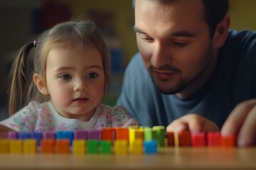 Fototapeta premium Father and daughter playing with colorful building blocks, learning how to count and having fun together