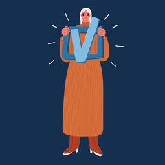 Cartoon vector illustration of a woman holding a check mark, symbolizing successful life planning and goal achievement over dark background