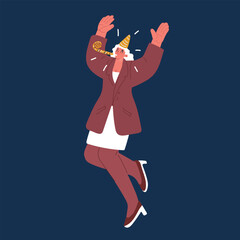 Cartoon vector illustration of a woman jumping in excitement, wearing a party hat and blowing a party blower, celebrating joyfully over dark background