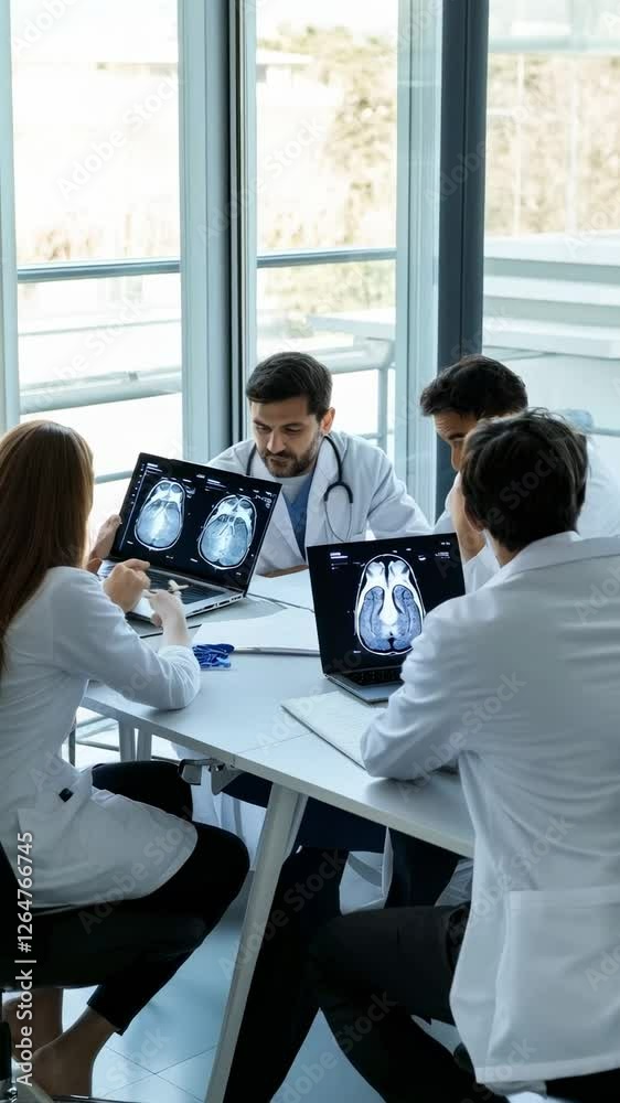 Poster doctors and healthcare professionals gather around a table, examining and discussing a brain scan on