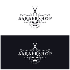 Barbershop logo vintage, retro, haircut, shaving, with scissors, shaving pole, comb, razor. for business, emblems, labels, barber shops, badges.