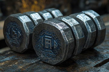 Heavy metal dumbbells stacked neatly in a dimly lit gym during early morning workouts for strength training enthusiasts