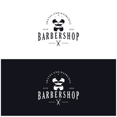 Barbershop logo vintage, retro, haircut, shaving, with scissors, shaving pole, comb, razor. for business, emblems, labels, barber shops, badges.