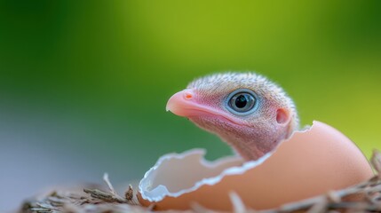 Baby bird hatching, nest, spring, green background, nature