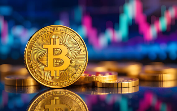 Gold Bitcoin crypto currency on background of chart diagram
