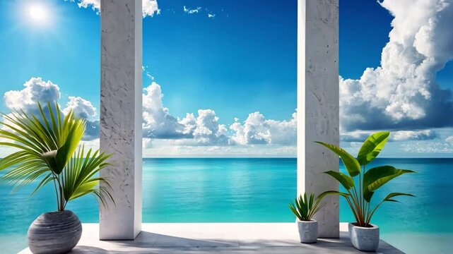 Ocean View from Balcon:  A breathtaking view of a turquoise ocean, framed by elegant white pillars and lush tropical plants. The scene is bathed in bright sunshine.