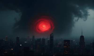Ominous Red Swirl Over Cityscape