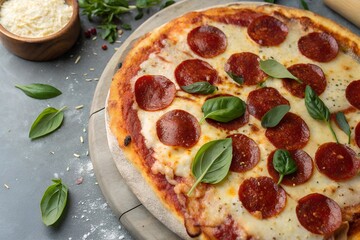 pizza with salami and tomatoes