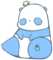 A baby panda with a butterfly on its head sitting and looking at you (blue)
