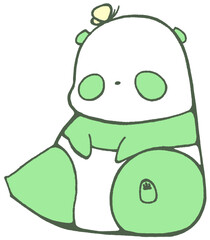 A baby panda with a butterfly on its head sitting and looking at you (green)