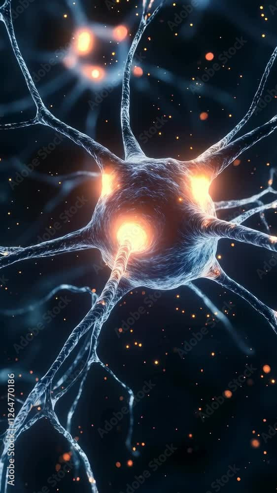 Poster Detailed neuron transmission revealing intricate electrical signaling mechanisms within neural networks against stark dark environment, showcasing complex biological communication pathways
