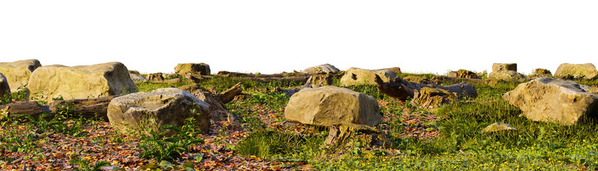 A large group of large rocks in a grassy field on a transparent background. 3D rendering illustration