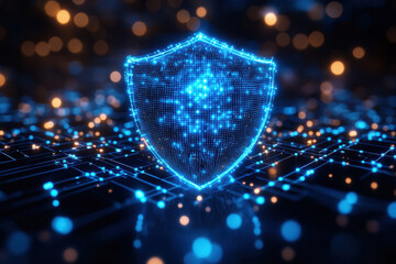 Digital shield design representing cybersecurity and data protection in a high-tech environment