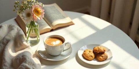 Peaceful morning coffee break with delicate floral arrangement and freshly baked cookies alongside an open book, bathed in sunlight.