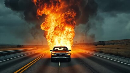 Dramatic aerial footage of a car driving through a massive explosion with towering flames and billowing smoke, ideal for action movie scenes or special effects demonstrations