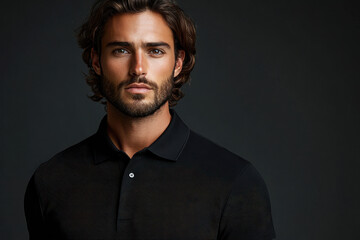 Portrait of a man with wavy brown hair and a beard wearing a black polo shirt against a dark background