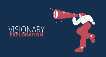 Cartoon vector illustration of a woman sprinting with a spyglass, symbolizing discovery, adventure, and the search for new horizons over dark background