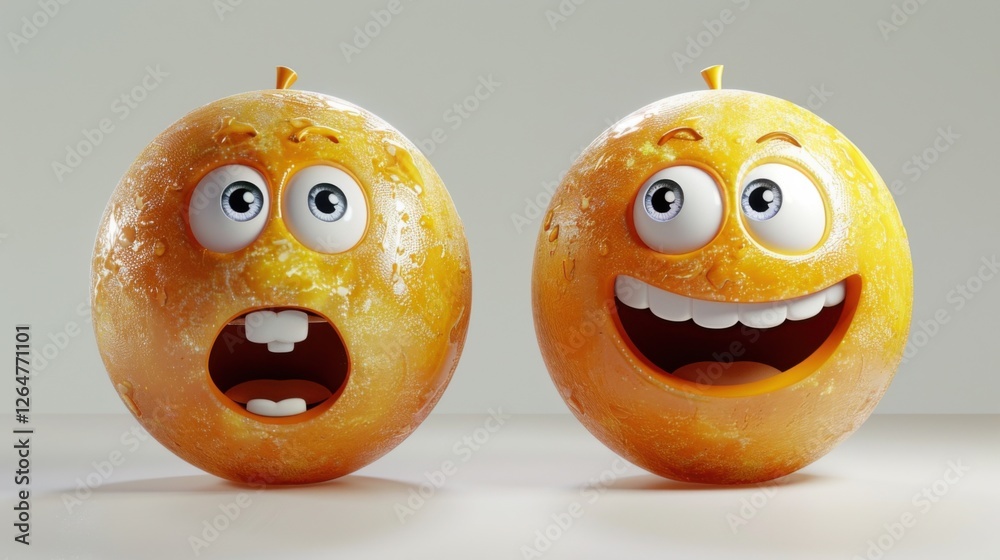 Fototapete 3D realistic emoji from an elevated and diagonal perspective, capturing detailed textures and expressions on a white background