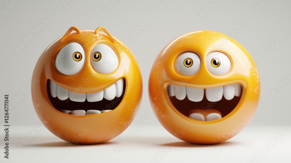 Fototapete 3D realistic emoji from an elevated and diagonal perspective, capturing detailed textures and expressions on a white background