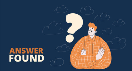 Cartoon vector illustration of a man with a question mark beside him, symbolizing curiosity, confusion, and the pursuit of answers over dark background