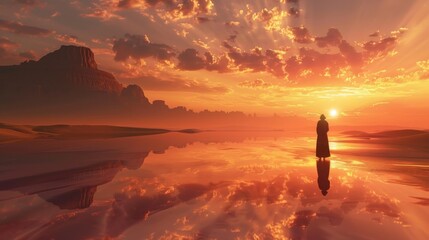 Desert sunset monk landscape solitude meditation spiritual travel serene calm peaceful reflection