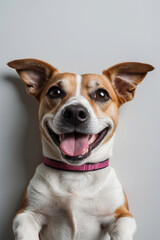 Closeup portrait of Jack Russell Terrier dog laying on back with paws up, isolated on light grey background