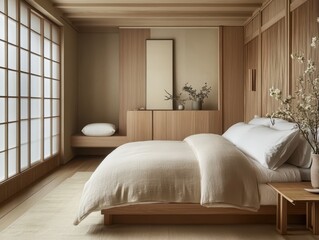 Calm and serene bedroom interior featuring japanese inspired design elements