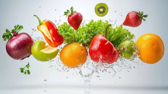 Different fresh fruits and vegetables are captured amidst a splash of water, showcasing bright colors. The arrangement highlights nature's bounty in an eye-catching composition